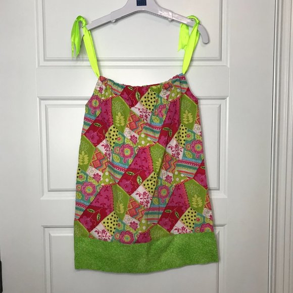 Handmade Patchwork Print Pillow Case Dress Adjustable Ribbon Straps Girls Size 4 - Picture 2 of 9